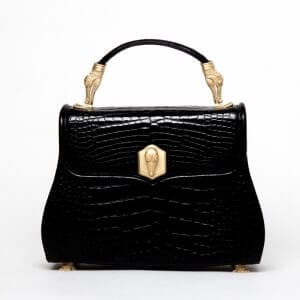 A small black handbag with gold clip