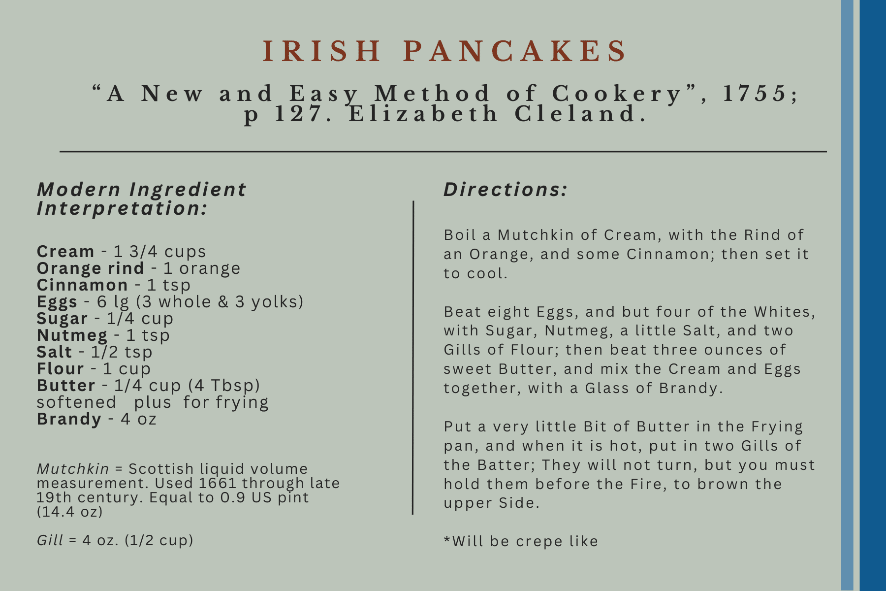 recipe for Irish Pancakes. "A New and Easy Method of Cookery", 1755; p 127. Elizabeth Cleland.