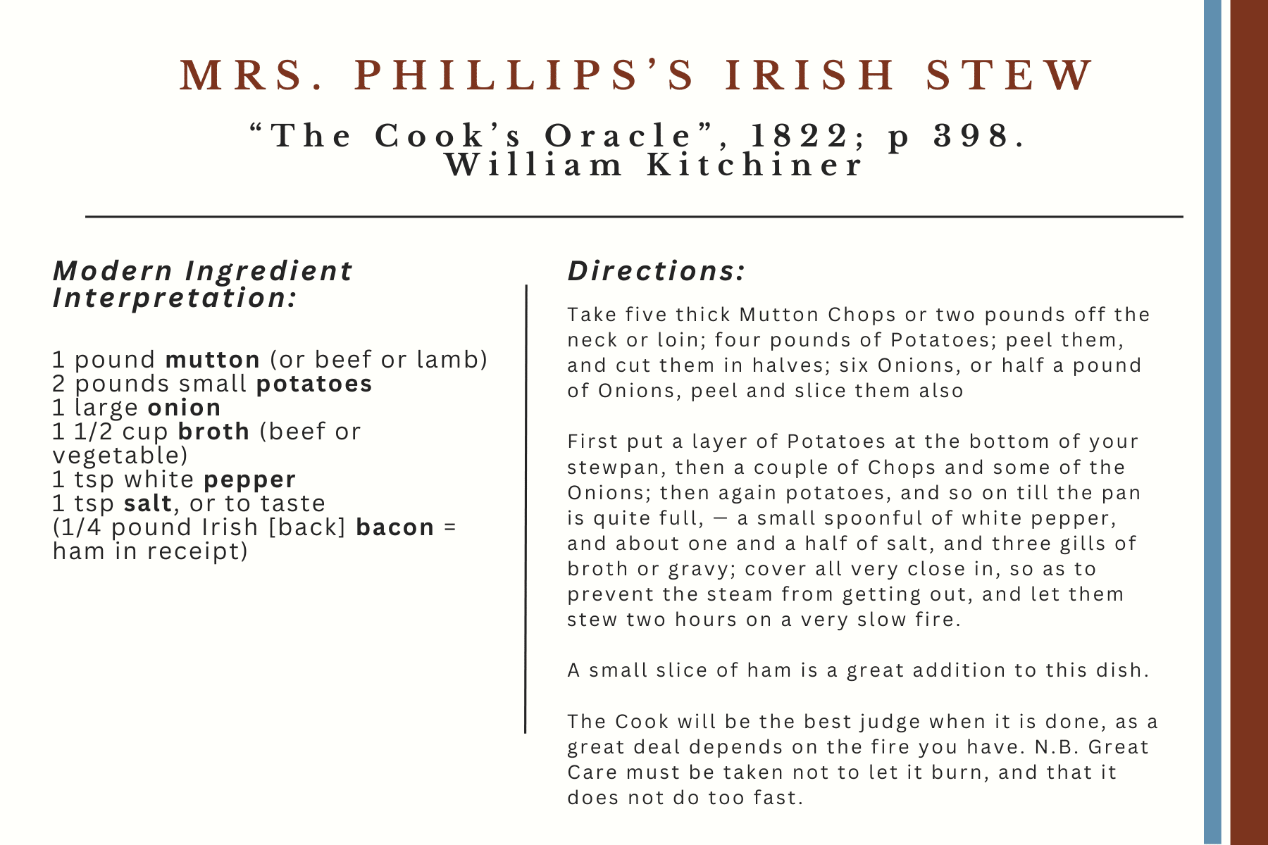 recipe for Mrs. Phillips's Irish Stew. "The Cook's Oracle", 1822; p398. William Kitchiner.