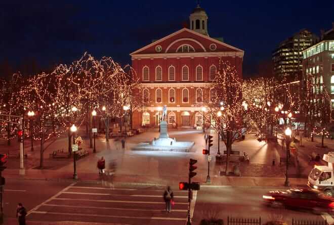 Historic Faneuil Hall is awash in Christmas lights November 29, 2000 in Boston MA.